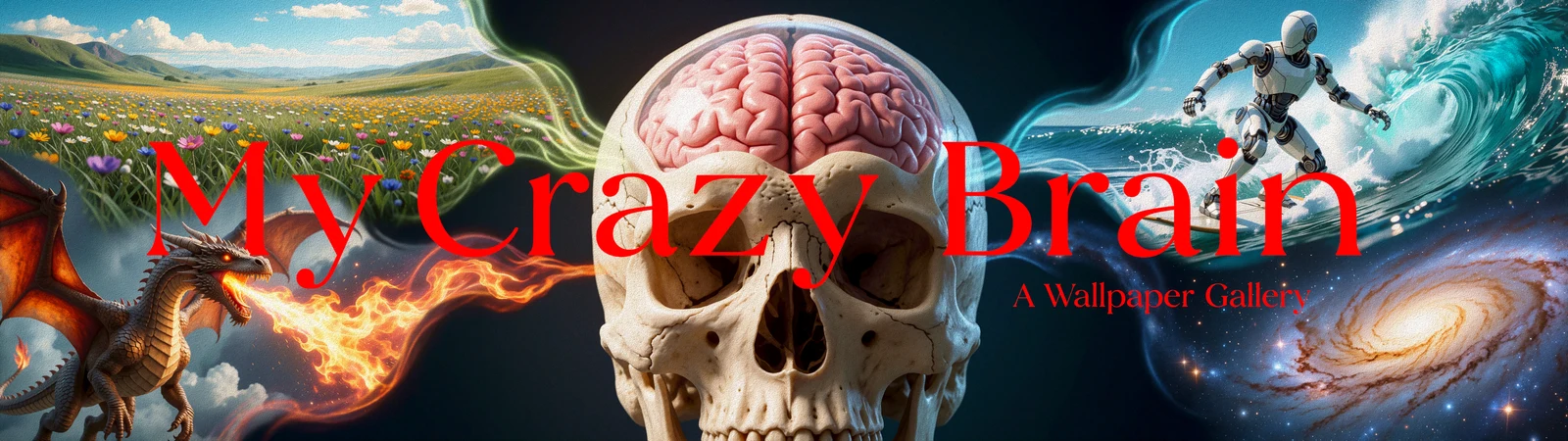 My Crazy Brain. A Wallpaper Gallery. A skull with an exposed brain, surrounded by a flower meadow, a dragon, a surfing robot, and a galaxy.