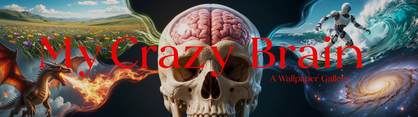 My Crazy Brain. A Wallpaper Gallery. A skull with an exposed brain, surrounded by a flower meadow, a dragon, a surfing robot, and a galaxy.