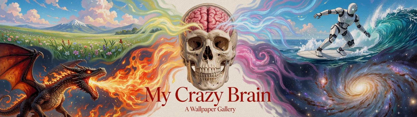 My Crazy Brain. A Wallpaper Gallery. A skull with an exposed brain, surrounded by a flower meadow, a dragon, a surfing robot, and a galaxy.